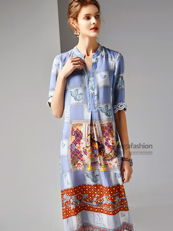 Đầm lụa cổ trụ tay lửng họa tiết hoa văn