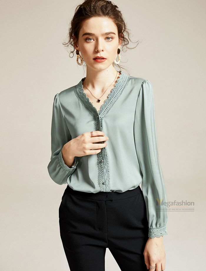 Áo lụa nữ tay dài cổ trụ viền bèo phối nơ