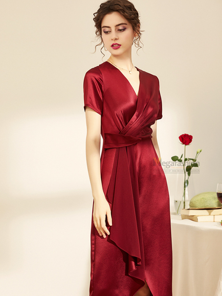 Đầm lụa trơn tay ngắn cổ chéo vạt xếp